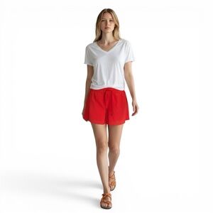 Athleta Red Drawstring Shorts Size 2 Laser Cut Hem Zip Pocket Athleisure